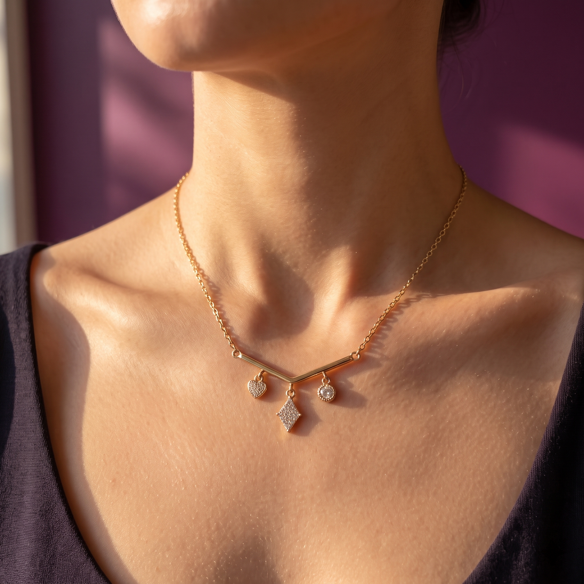 Gold-Tone V-Bar Charm Pendant Necklace with Heart & CZ Drops | S.W.ANJ