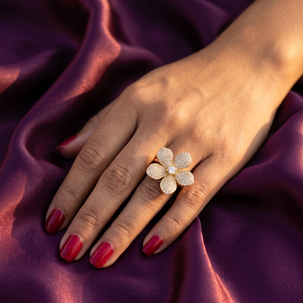 Gold Pavé Five-Petal Flower Cocktail Ring | S.W.ANJ