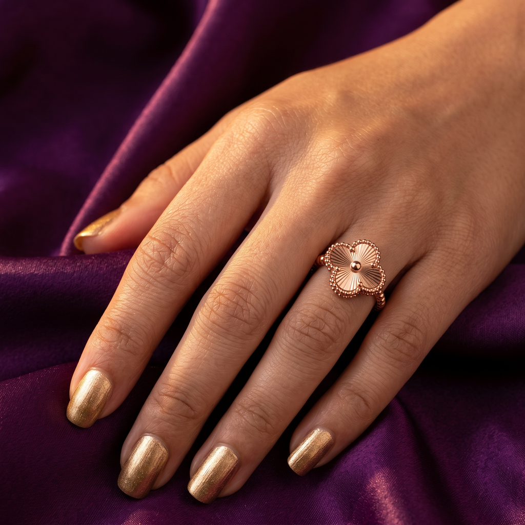 Rose Gold Quatrefoil Clover Ring with Sunburst Detail | S.W.ANJ