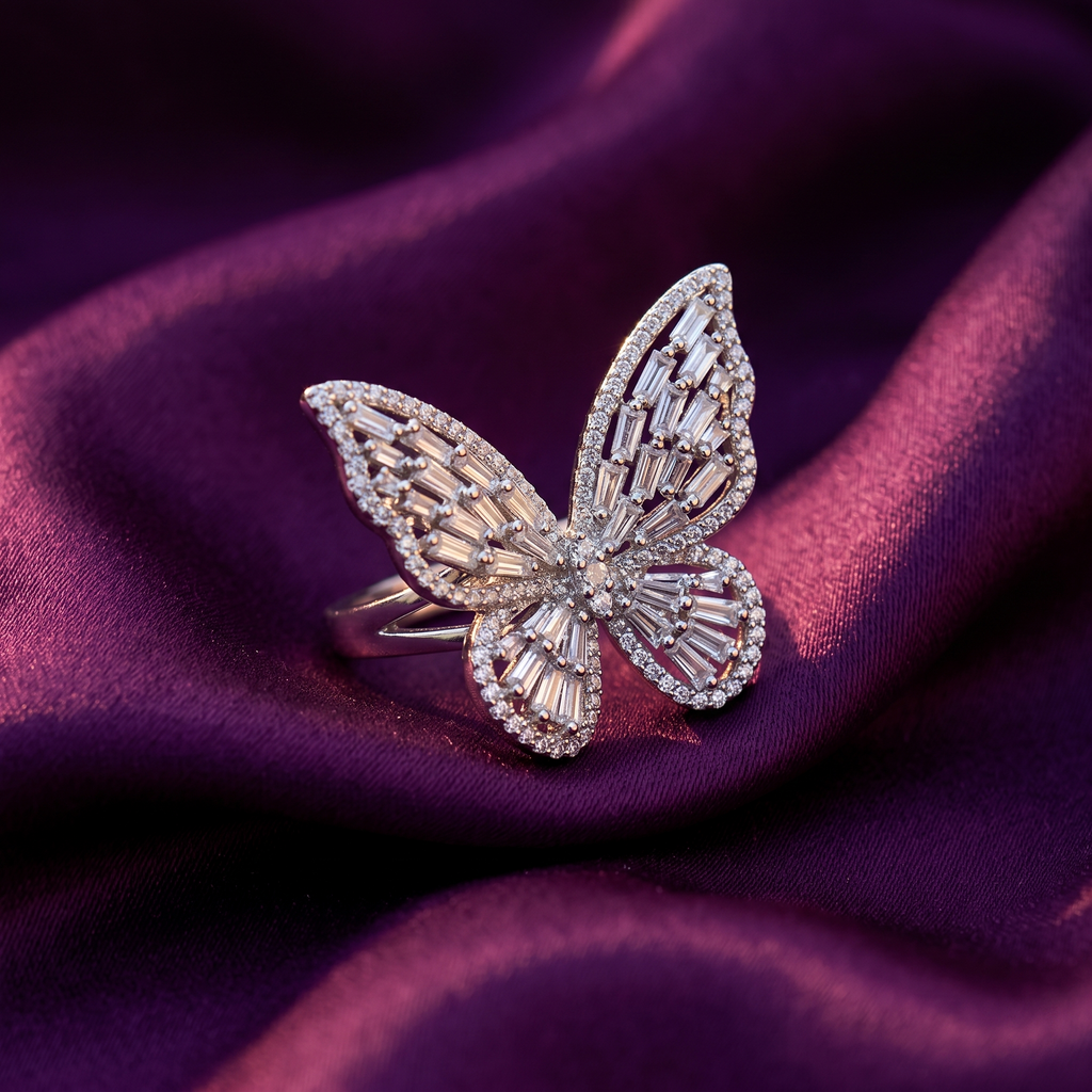 Silver Baguette Crystal Butterfly Statement Ring | S.W.ANJ