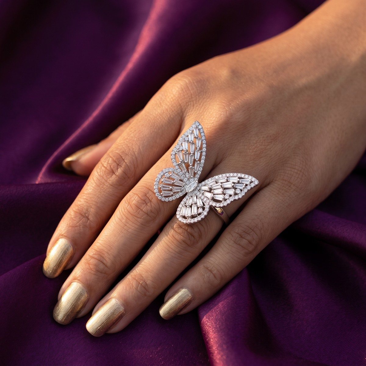 Silver Baguette Crystal Butterfly Statement Ring | S.W.ANJ