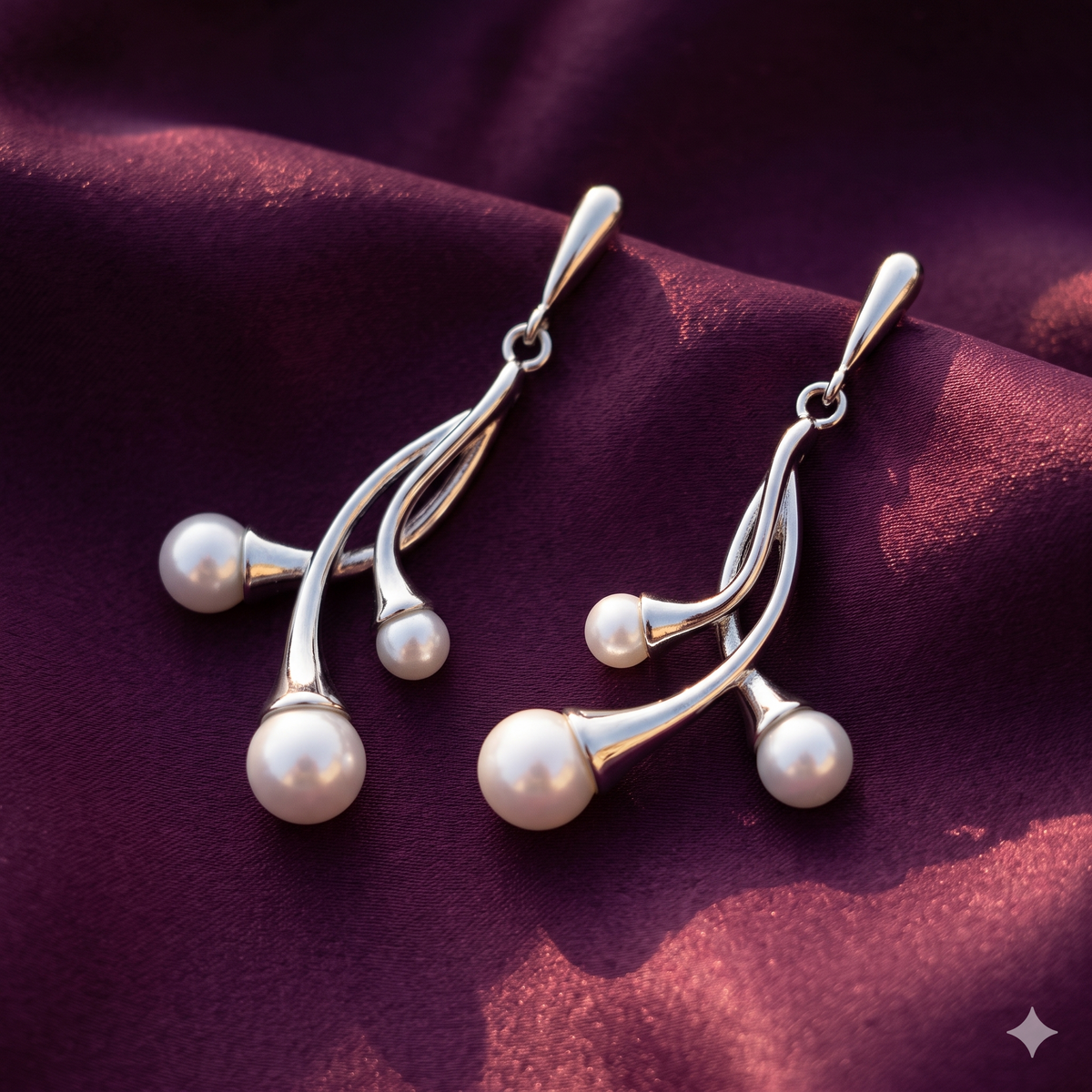 Pair of silver branch drop earrings with pearls on plum satin – anti-tarnish stainless steel modern pearl earrings by Style With Anjaly
