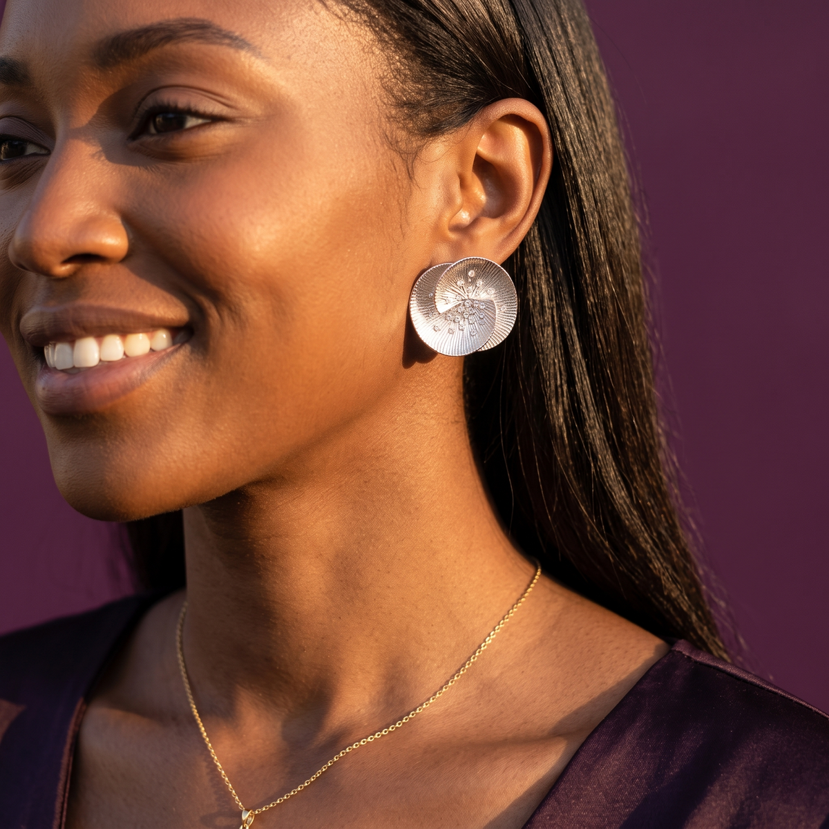 Woman wearing silver sunburst flower stud earrings with crystals – lightweight party wear statement earrings for women