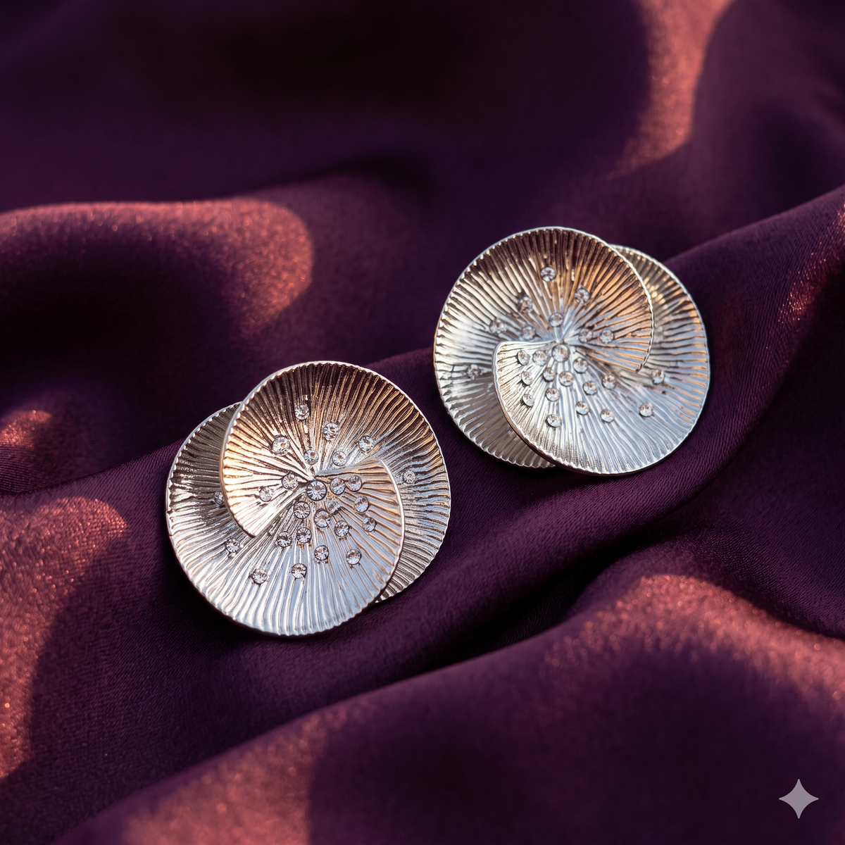 Pair of silver sunburst flower stud earrings with crystal accents on plum satin – anti-tarnish stainless steel statement earrings by Style With Anjaly